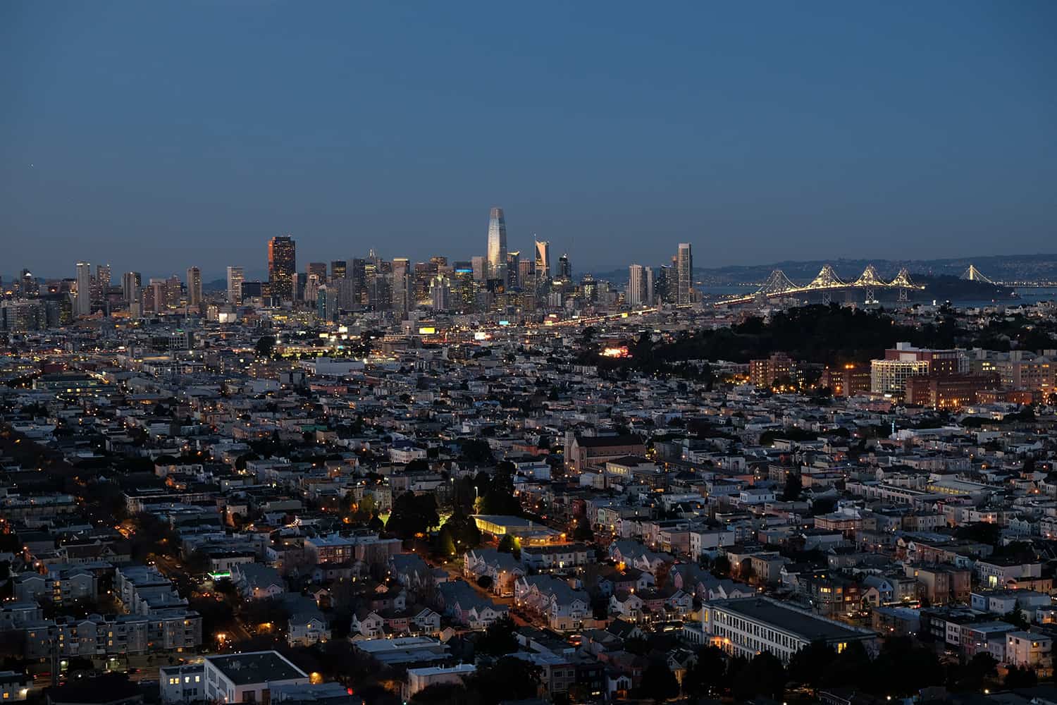 San Francisco cityscape taken at the bluehour from a high elevation