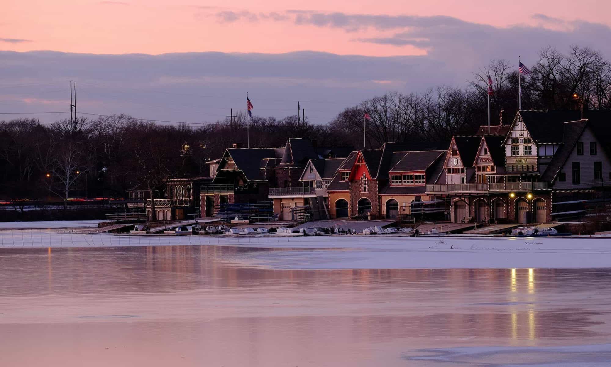 Boathouse Row in Philadelphia cast in pink light